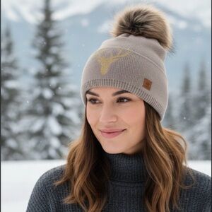 Gold Embroidered Brown Knit Hat with Pom-Pom
